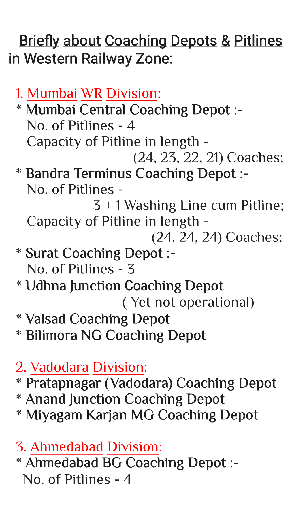 Briefly About Coaching Depots & Pitlines in Western Railway Zone