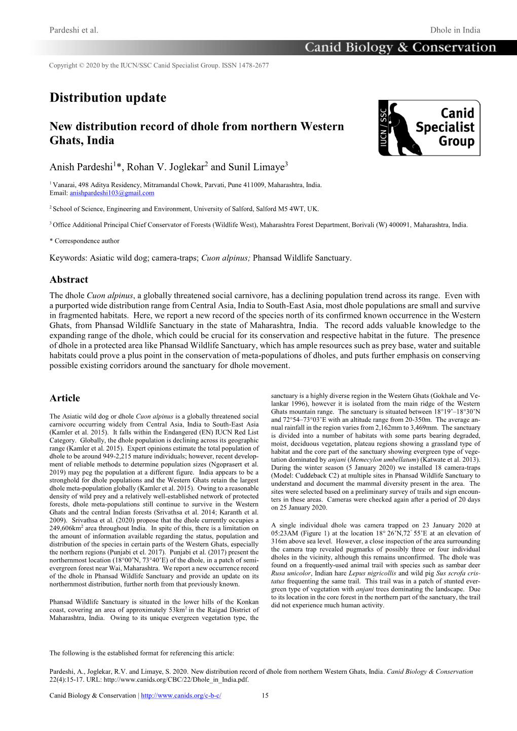 New Distribution Record of Dhole from Northern Western Ghats, India