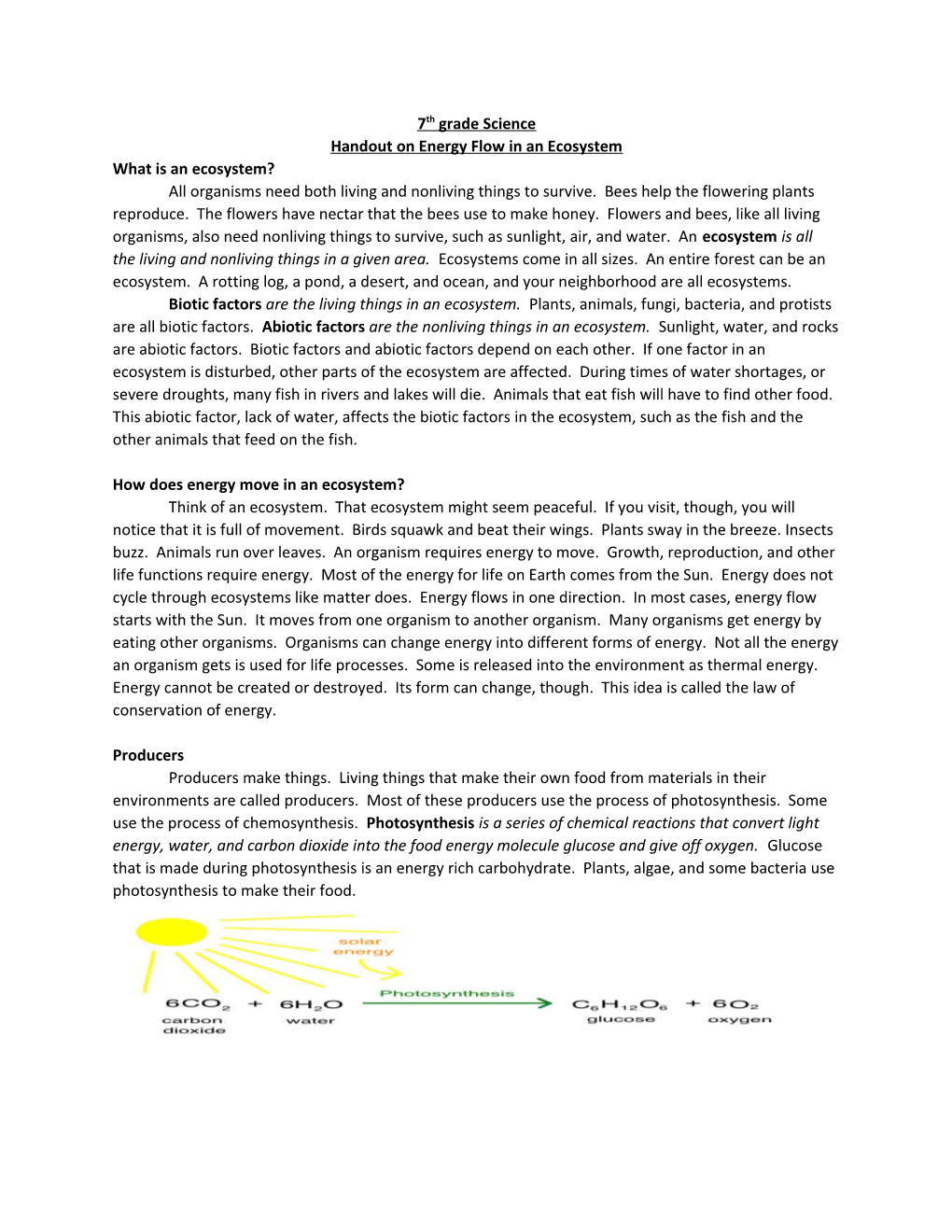 Handout on Energy Flow in an Ecosystem