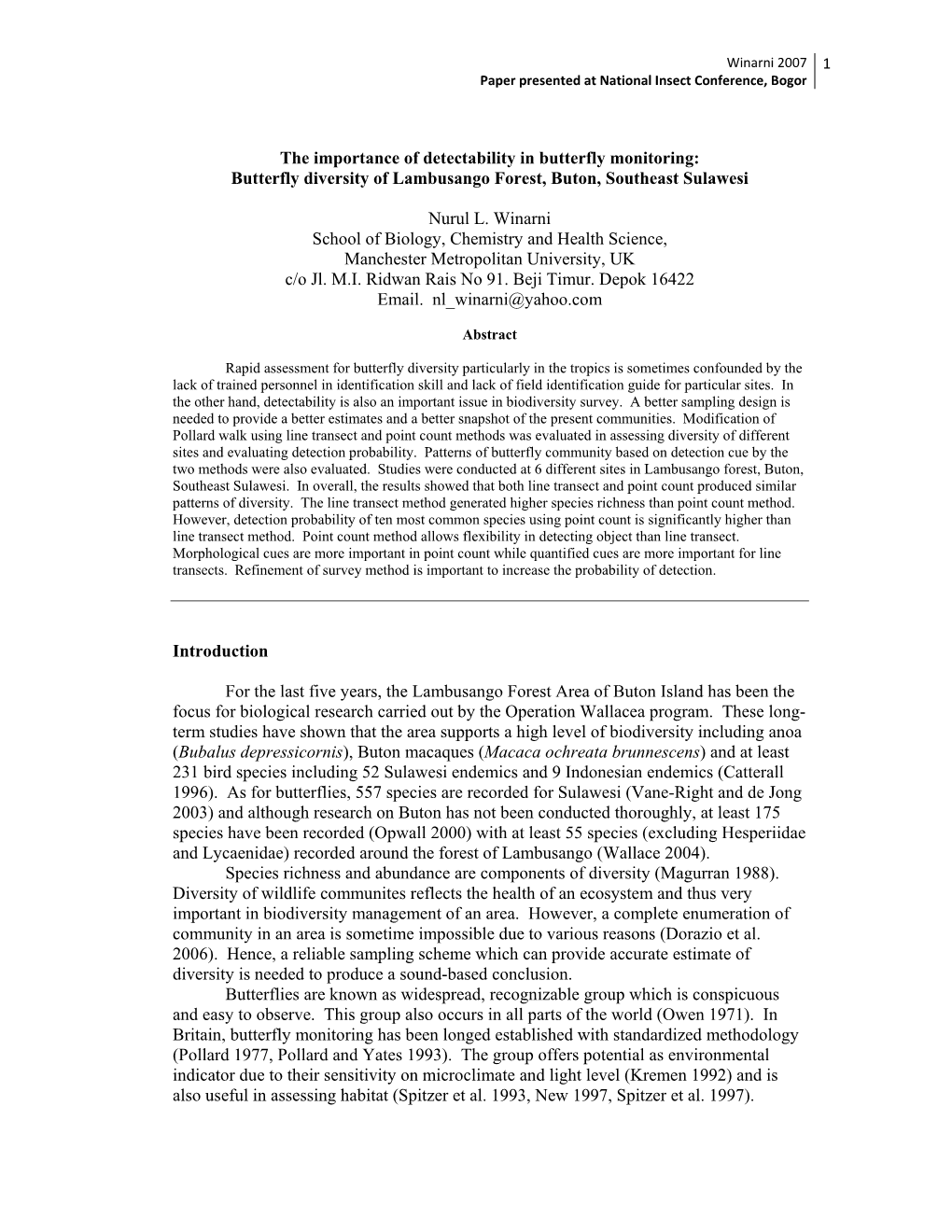 The Importance of Detectability in Butterfly Monitoring: Butterfly Diversity of Lambusango Forest, Buton, Southeast Sulawesi