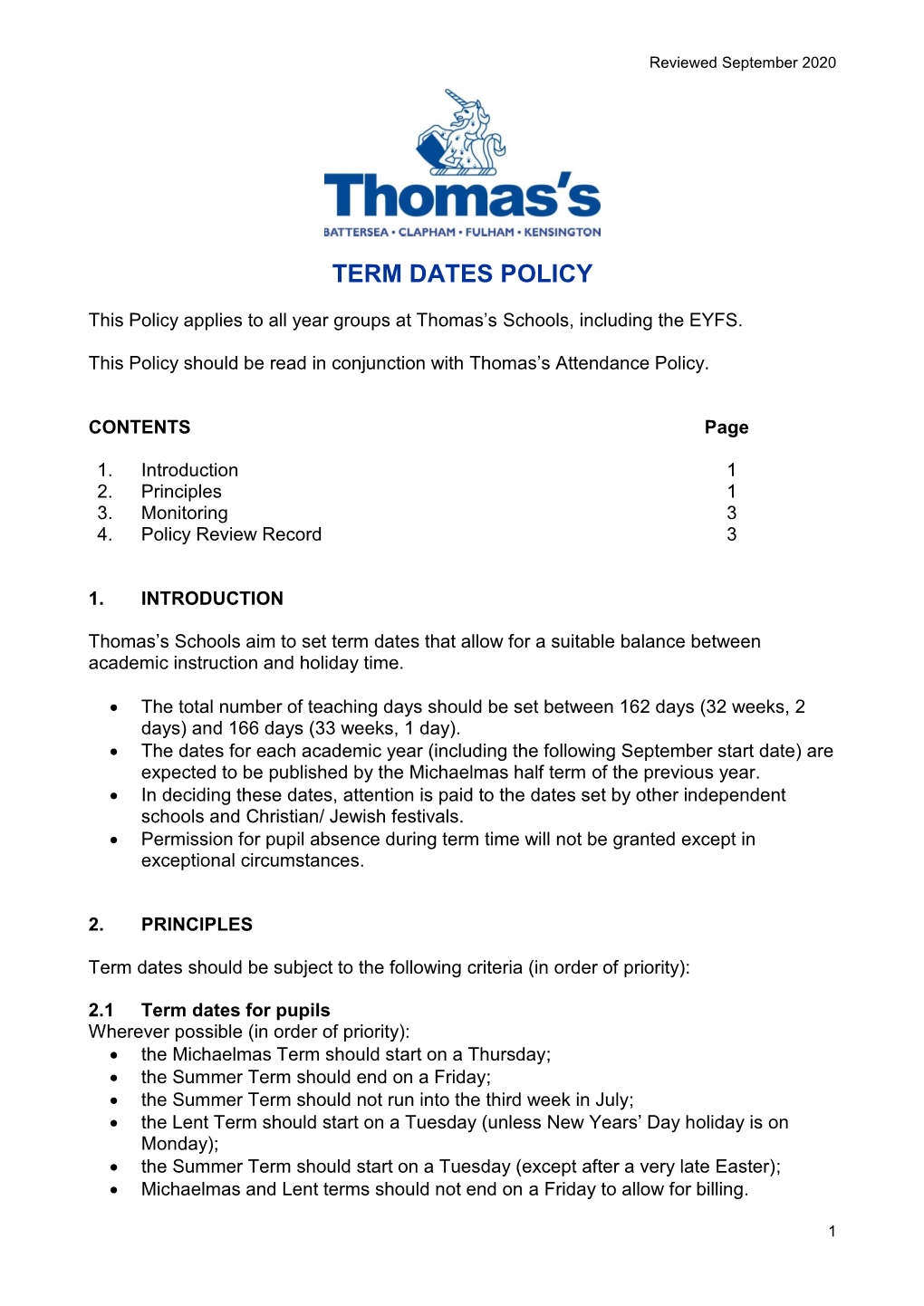 Term Dates Policy