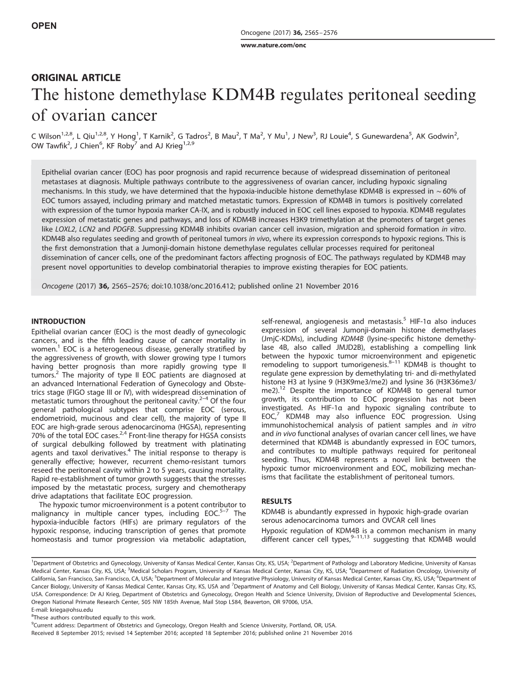 The Histone Demethylase KDM4B Regulates Peritoneal Seeding of Ovarian Cancer