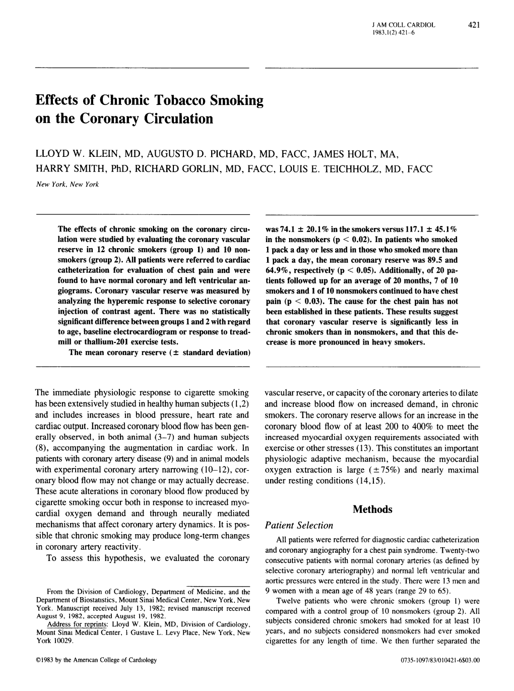 Effects of Chronic Tobacco Smoking on the Coronary Circulation