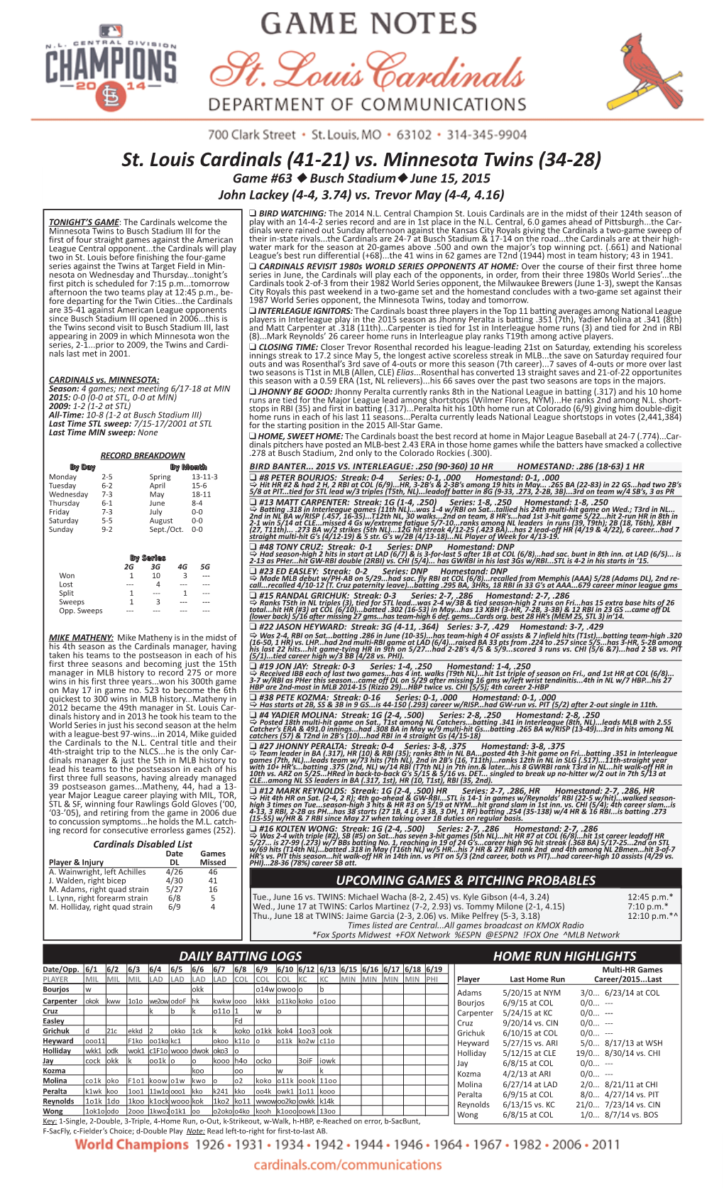 St. Louis Cardinals (41-21) Vs. Minnesota Twins (34-28) Game #63 N Busch Stadium N June 15, 2015 John Lackey (4-4, 3.74) Vs