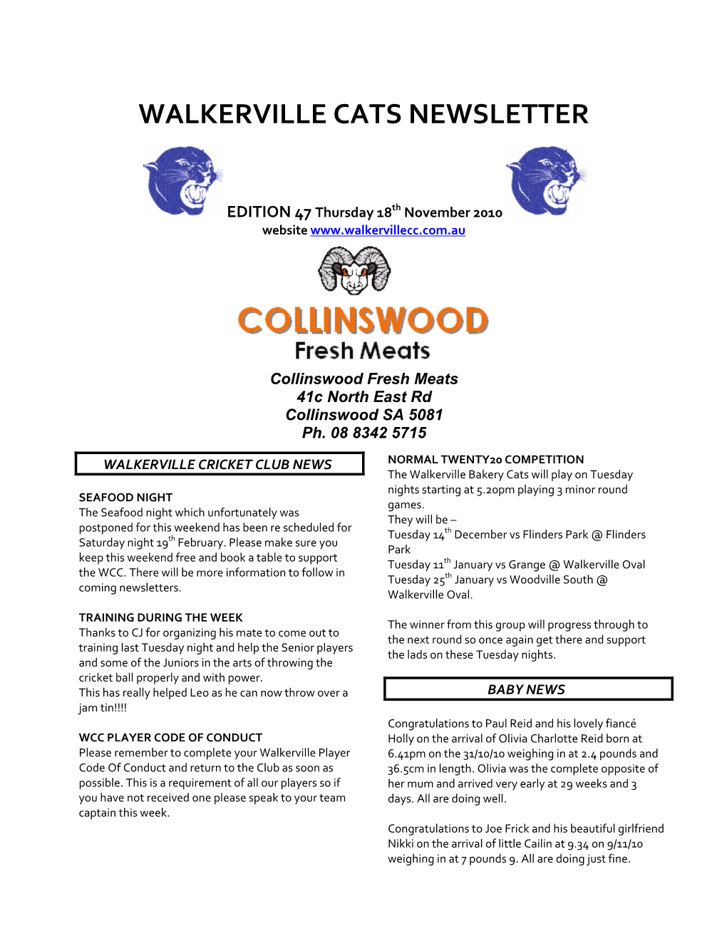 Walkerville Cats Newsletter