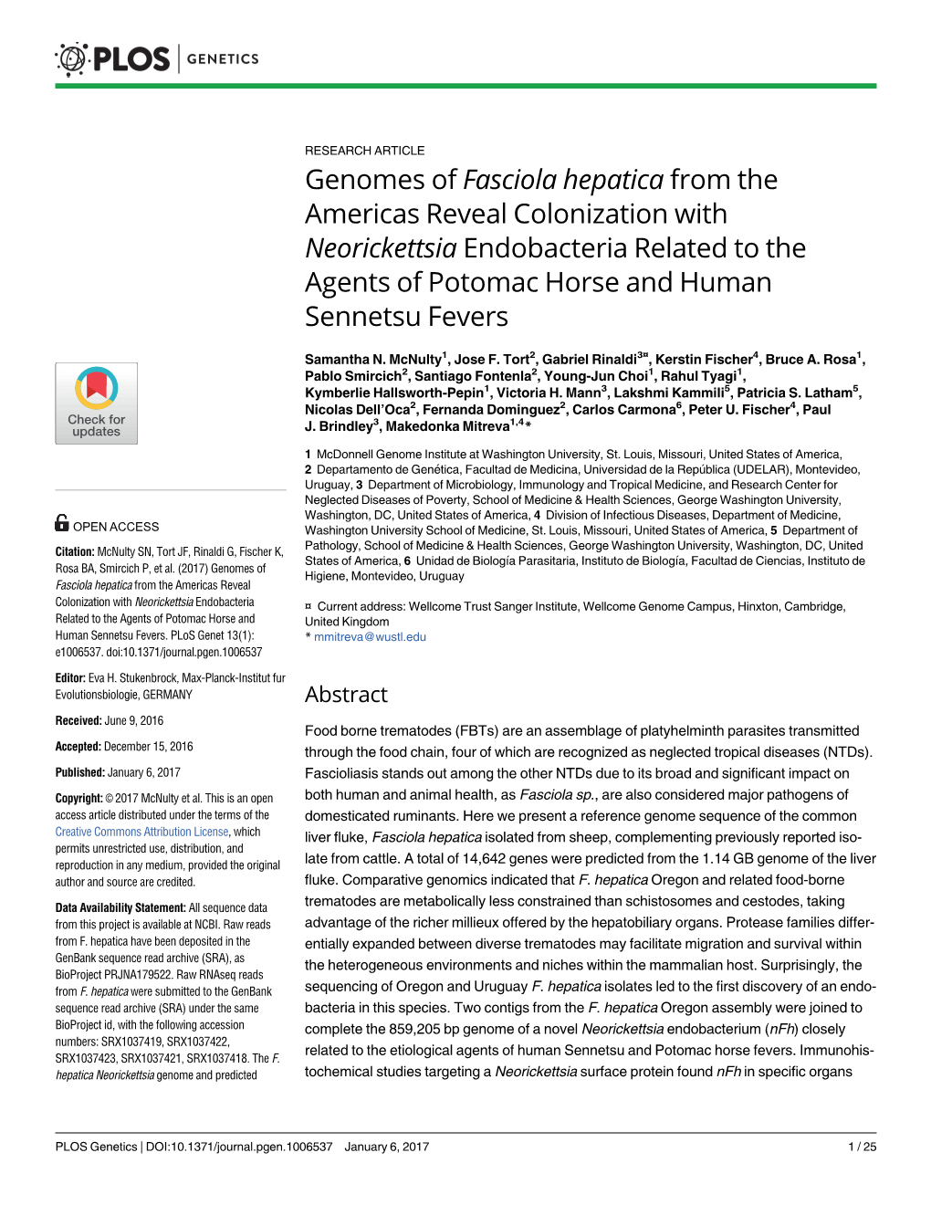 Genomes of Fasciola Hepatica from the Americas Reveal Colonization with Neorickettsia Endobacteria Related to the Agents of Potomac Horse and Human Sennetsu Fevers