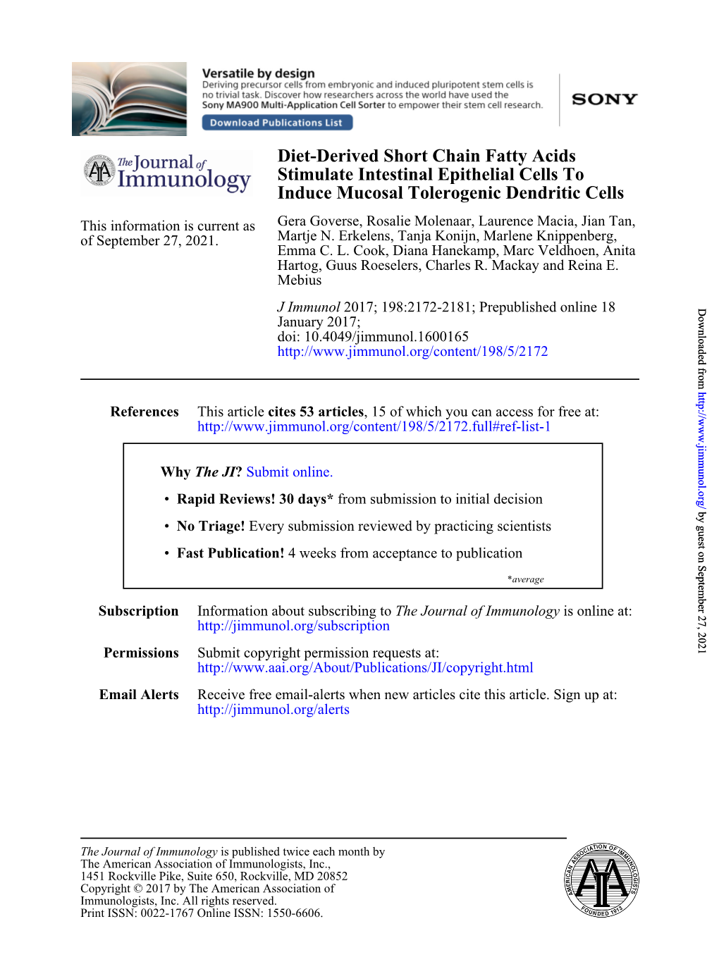 Diet-Derived Short Chain Fatty Acids Stimulate Intestinal Epithelial Cells to Induce Mucosal Tolerogenic Dendritic Cells