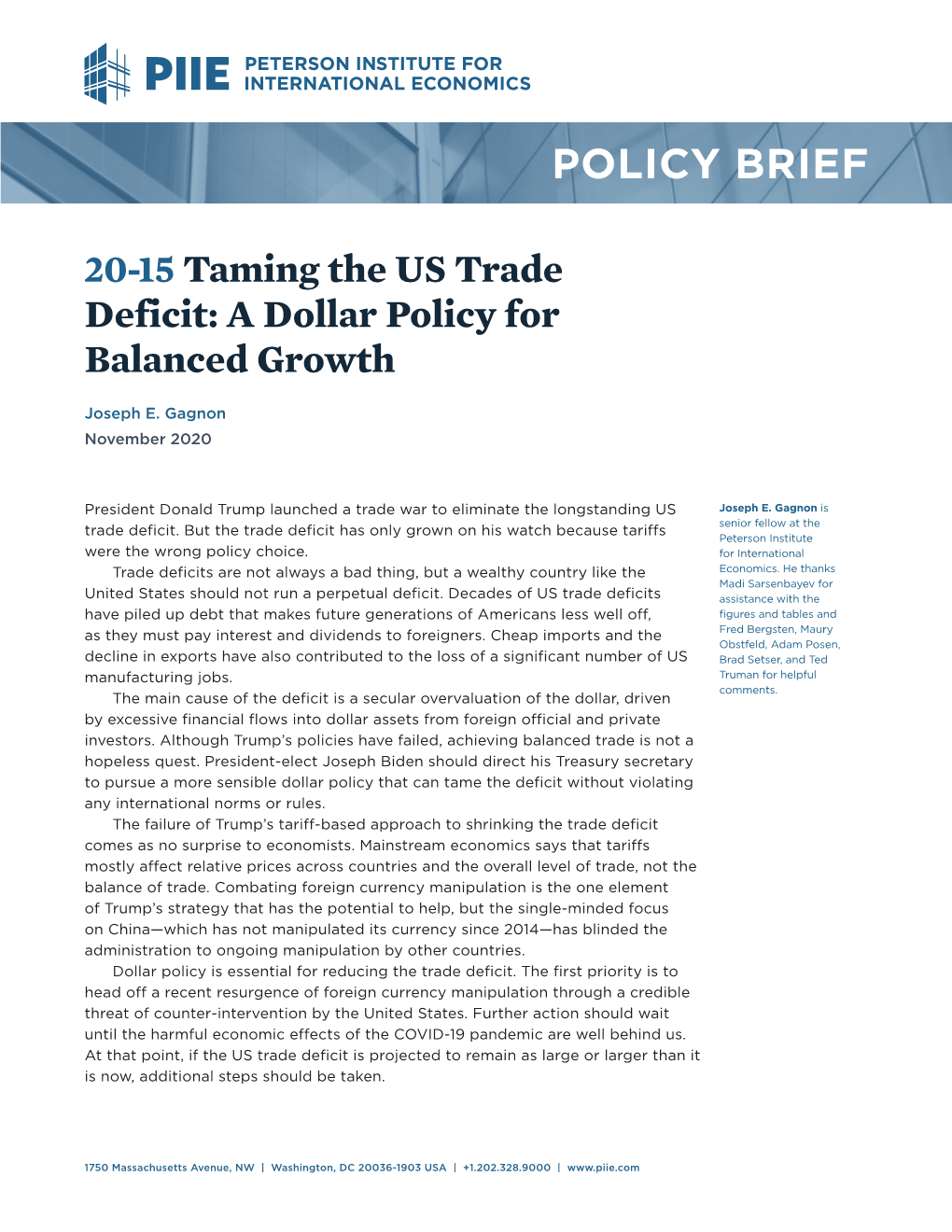 20-15 Taming the US Trade Deficit: a Dollar Policy for Balanced Growth