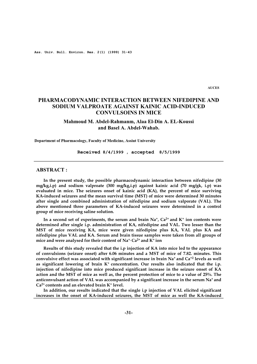 Pharmacodynamic Interaction Between Nifedipine and Sodium Valproate Against Kainic Acid-Induced Convulsoins in Mice