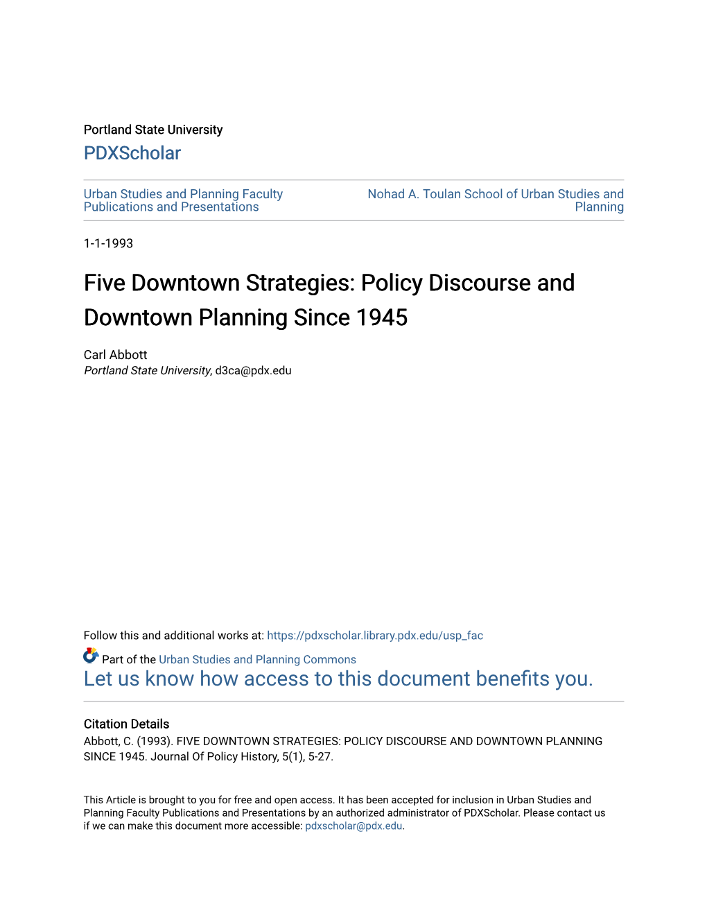 Five Downtown Strategies: Policy Discourse and Downtown Planning Since 1945