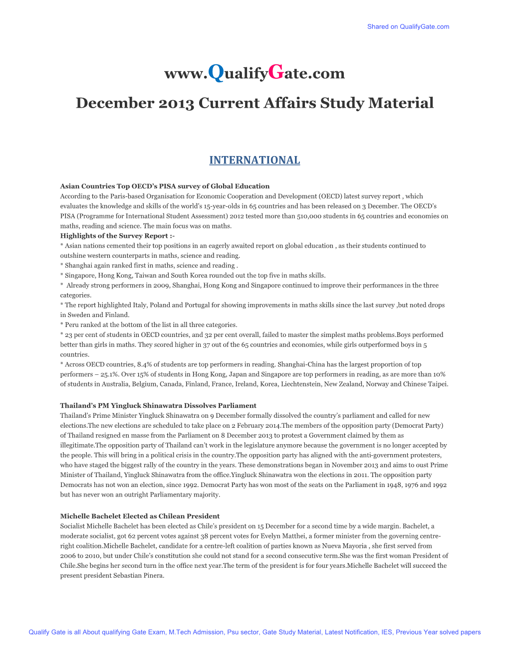 December 2013 Current Affairs Study Material