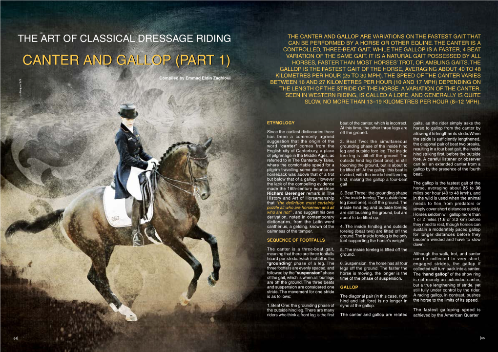 Canter and Gallop Are Variations on the Fastest Gait That the ART of CLASSICAL DRESSAGE RIDING Can Be Performed by a Horse Or Other Equine