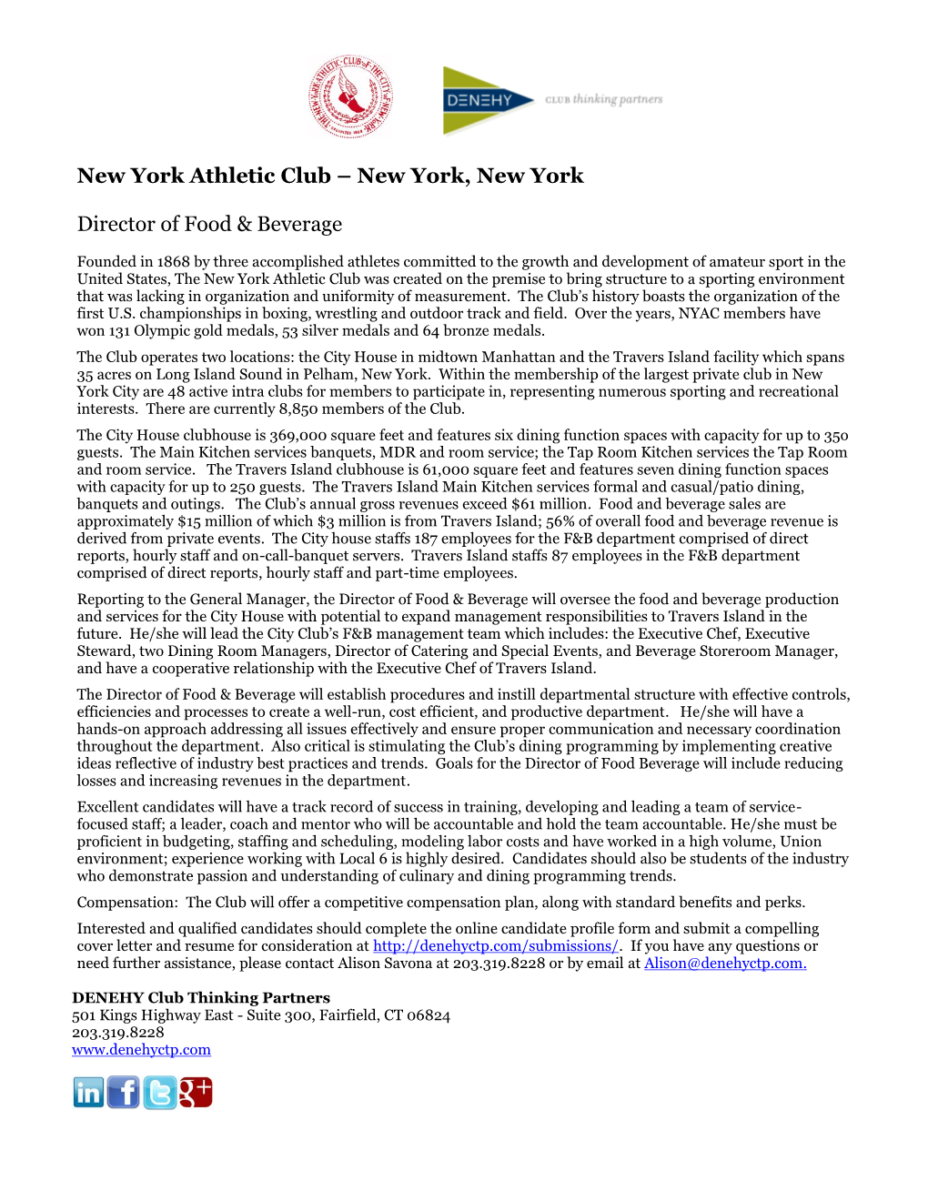 New York Athletic Club – New York, New York Director of Food