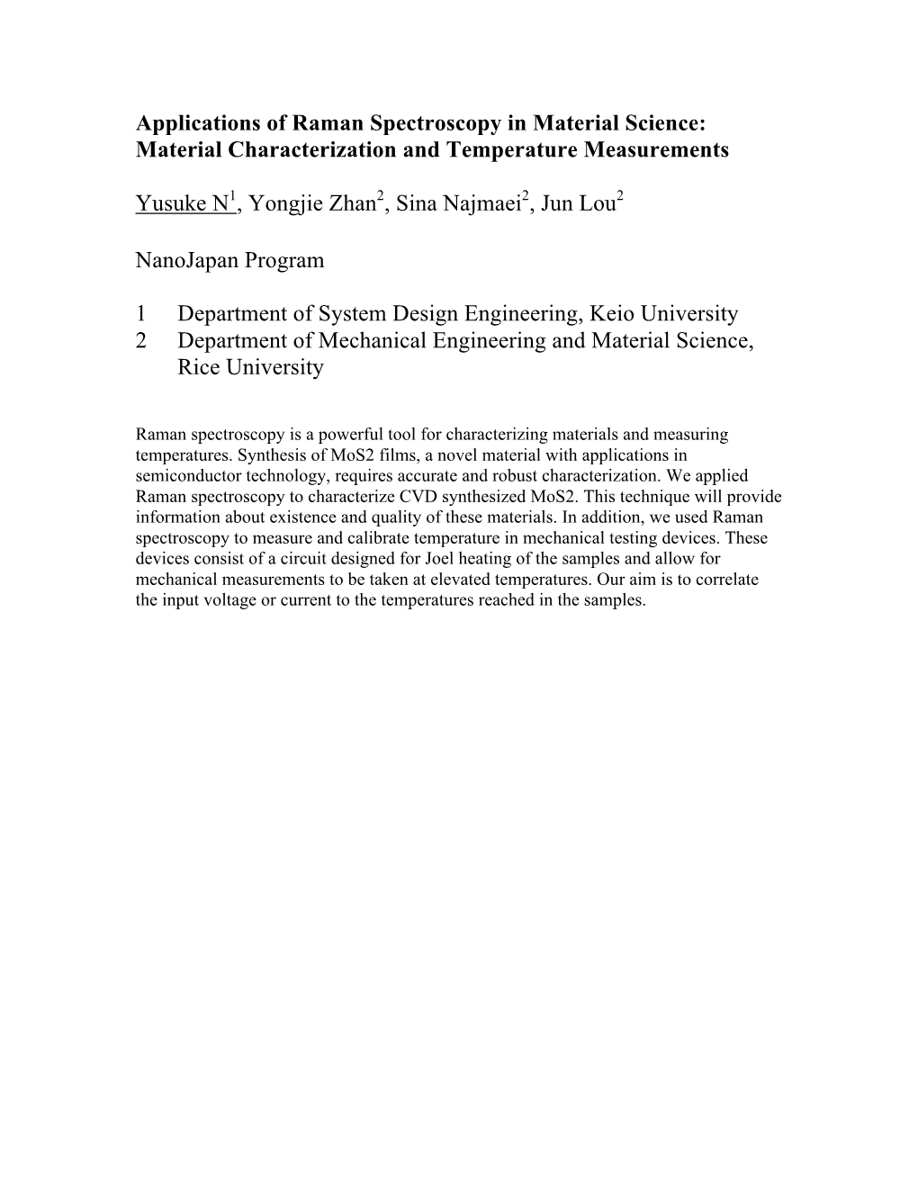 Applications of Raman Spectroscopy in Material Science: Material Characterization and Temperature Measurements