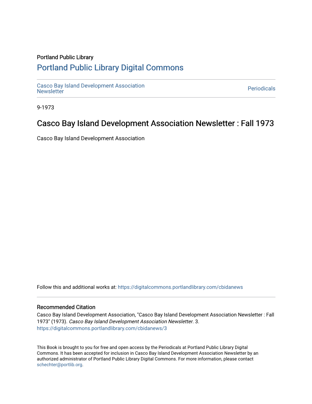 Casco Bay Island Development Association Newsletter : Fall 1973