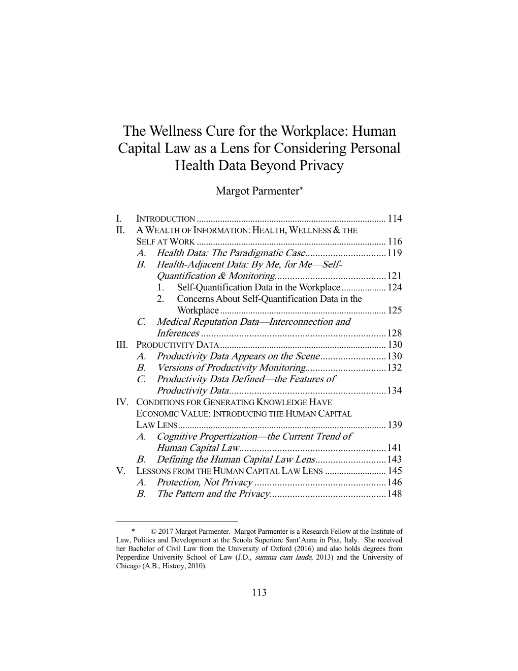 The Wellness Cure for the Workplace: Human Capital Law As a Lens for Considering Personal Health Data Beyond Privacy