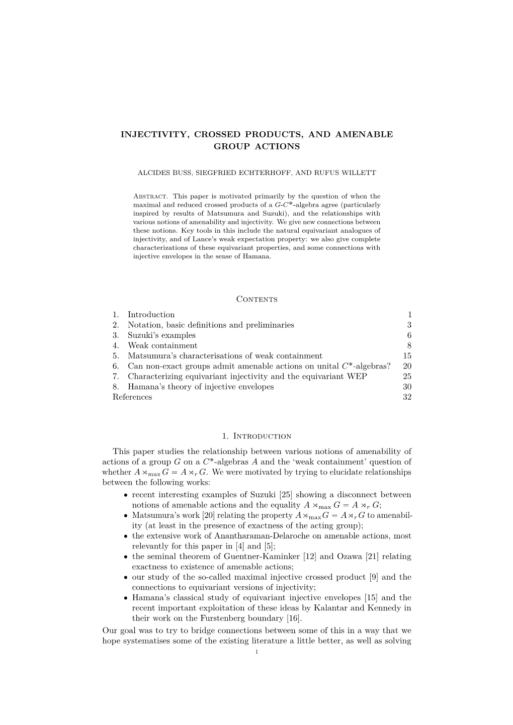 INJECTIVITY, CROSSED PRODUCTS, and AMENABLE GROUP ACTIONS Contents 1. Introduction 1 2. Notation, Basic Definitions and Prelimin