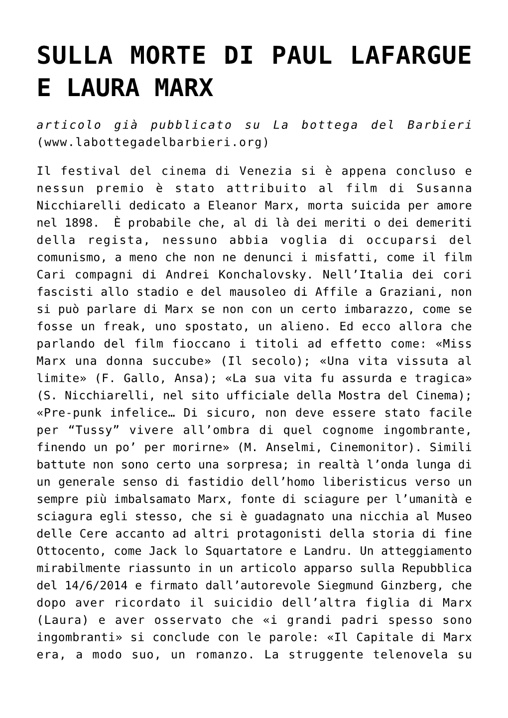 SULLA MORTE DI PAUL LAFARGUE E LAURA MARX Articolo Già Pubblicato Su La Bottega Del Barbieri (