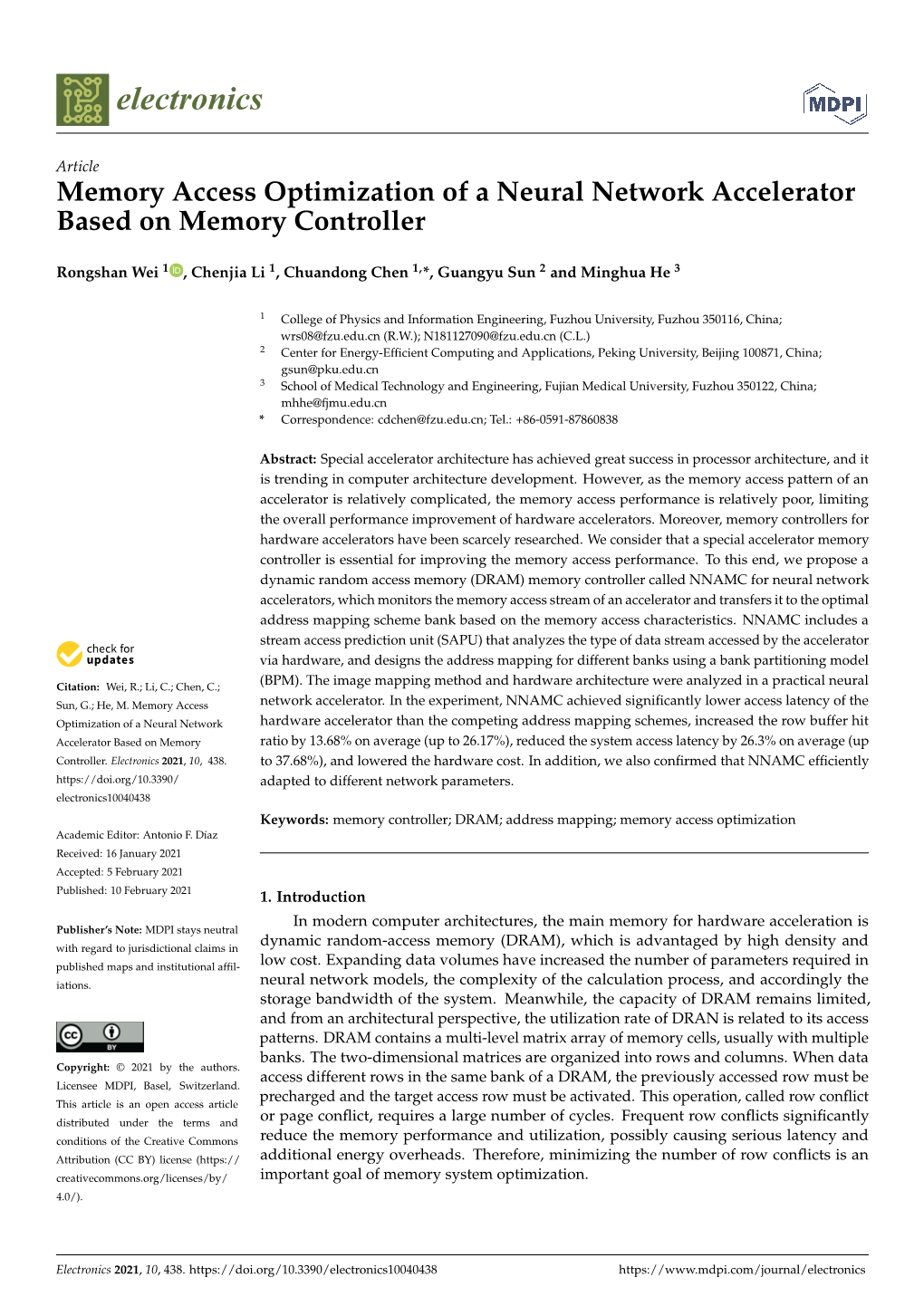 Memory Access Optimization of a Neural Network Accelerator Based on Memory Controller