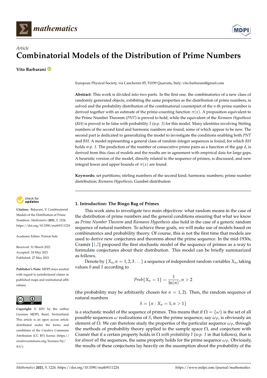 Combinatorial Models of the Distribution of Prime Numbers