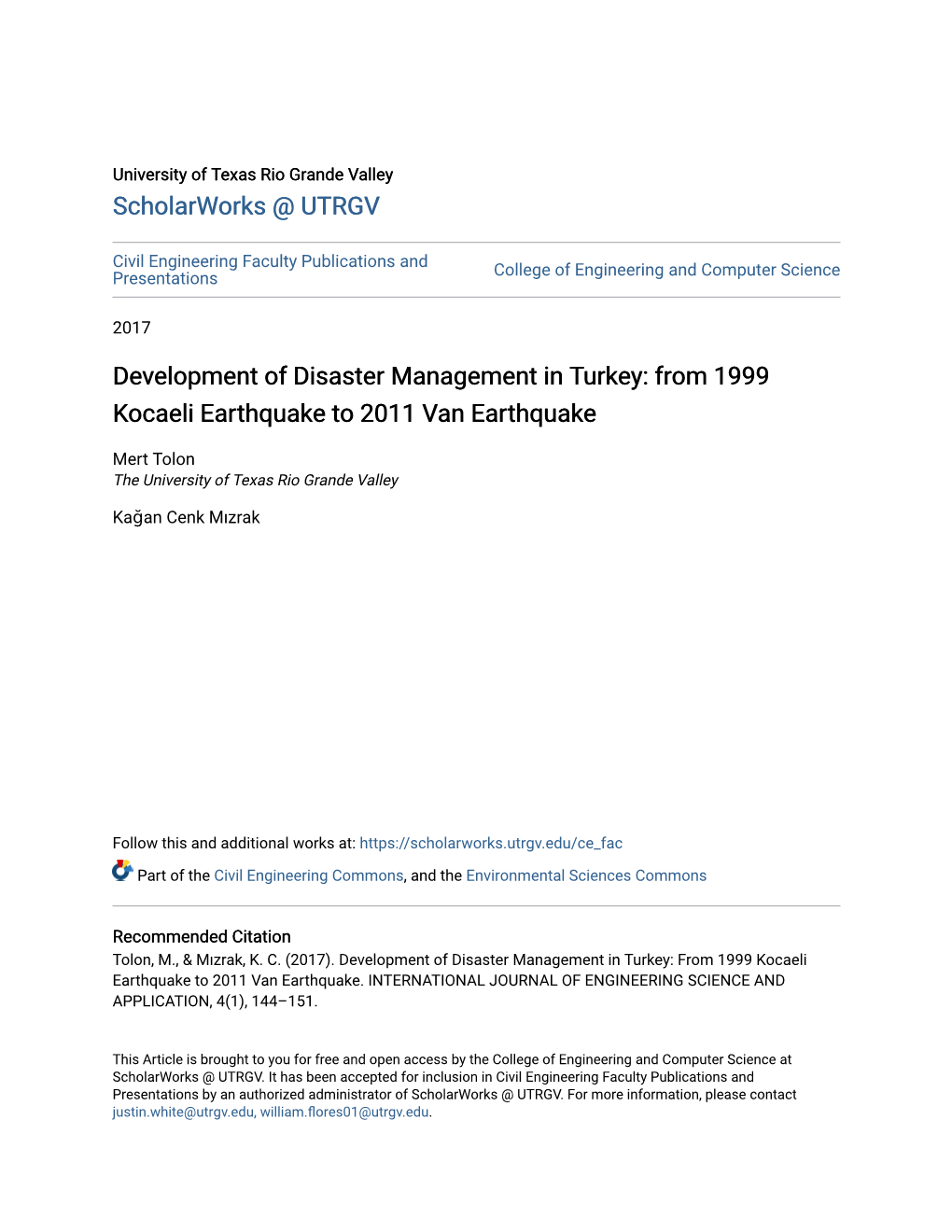 Development of Disaster Management in Turkey: from 1999 Kocaeli Earthquake to 2011 Van Earthquake