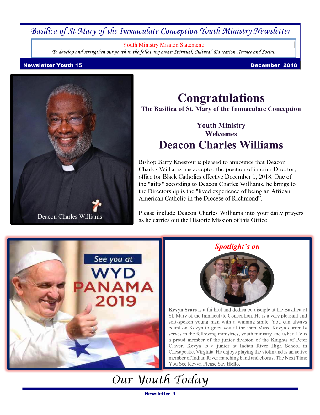 Basilica of St Mary of the Immaculate Conception Youth Ministry Newsletter