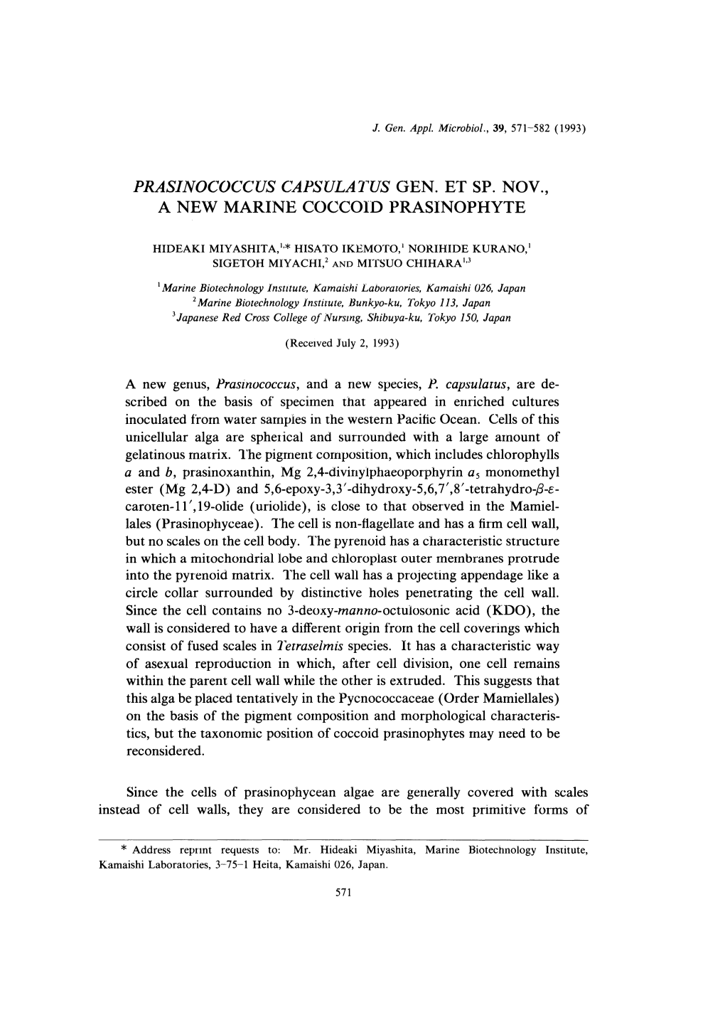 A New Genus, Prasinococcus, and a New Species, P, Capsulatus, Are De