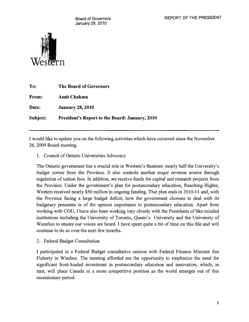 President's Report to the Board: January, 2010