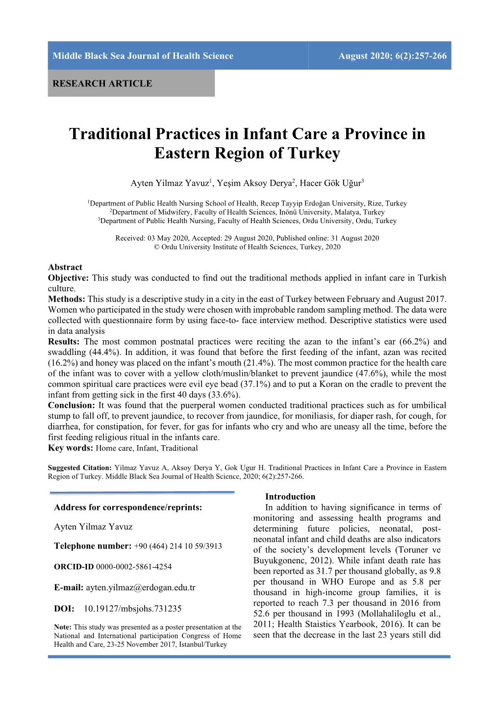 Traditional Practices in Infant Care a Province in Eastern Region of Turkey