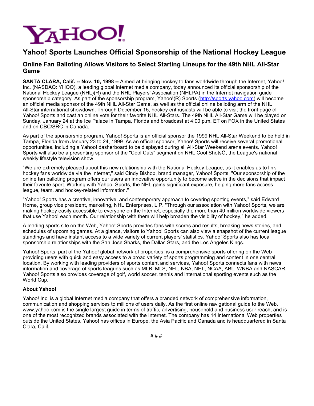 Yahoo! Sports Launches Official Sponsorship of the National Hockey