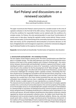 Karl Polanyi and Discussions on a Renewed Socialism