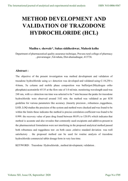 Method Development and Validation of Trazodone Hydrochloride (Hcl)