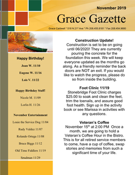 Grace Gazette Grace Caldwell * 518 N 21St Ave * Ph 208.455.8181 * Fax 208.454.9680