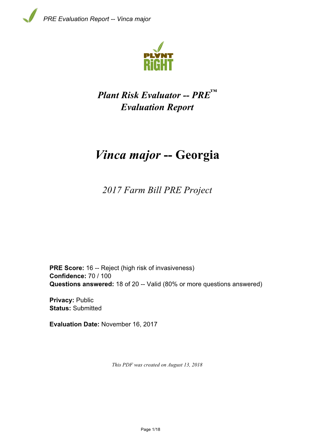 PRE Evaluation Report for Vinca Major