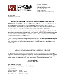 Knoxville Symphony Orchestra Announces 2021-2022 Season