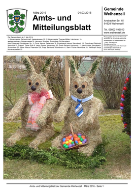 Amts- Und Mitteilungsblatt Der Gemeinde Weihenzell - März 2016 - Seite 1 Öffnungszeiten, Termine