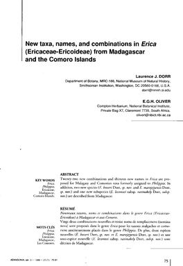 New Taxa, Names, and Combinations in Erica (Ericaceae-Ericoideae) from Madagascar and the Comoro Islands