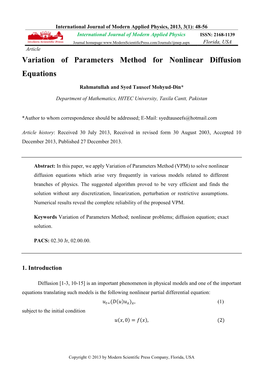 Variation of Parameters Method for Nonlinear Diffusion Equations