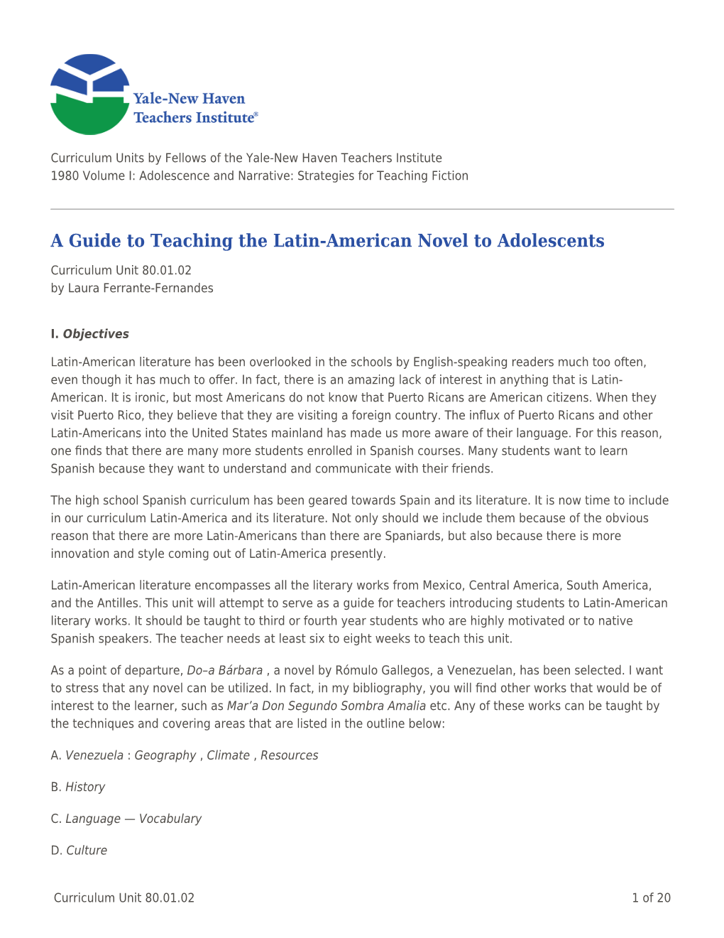 A Guide to Teaching the Latin-American Novel to Adolescents