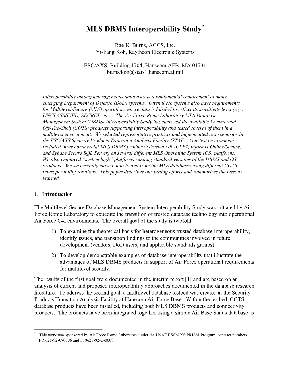 MLS DBMS Interoperability Study*