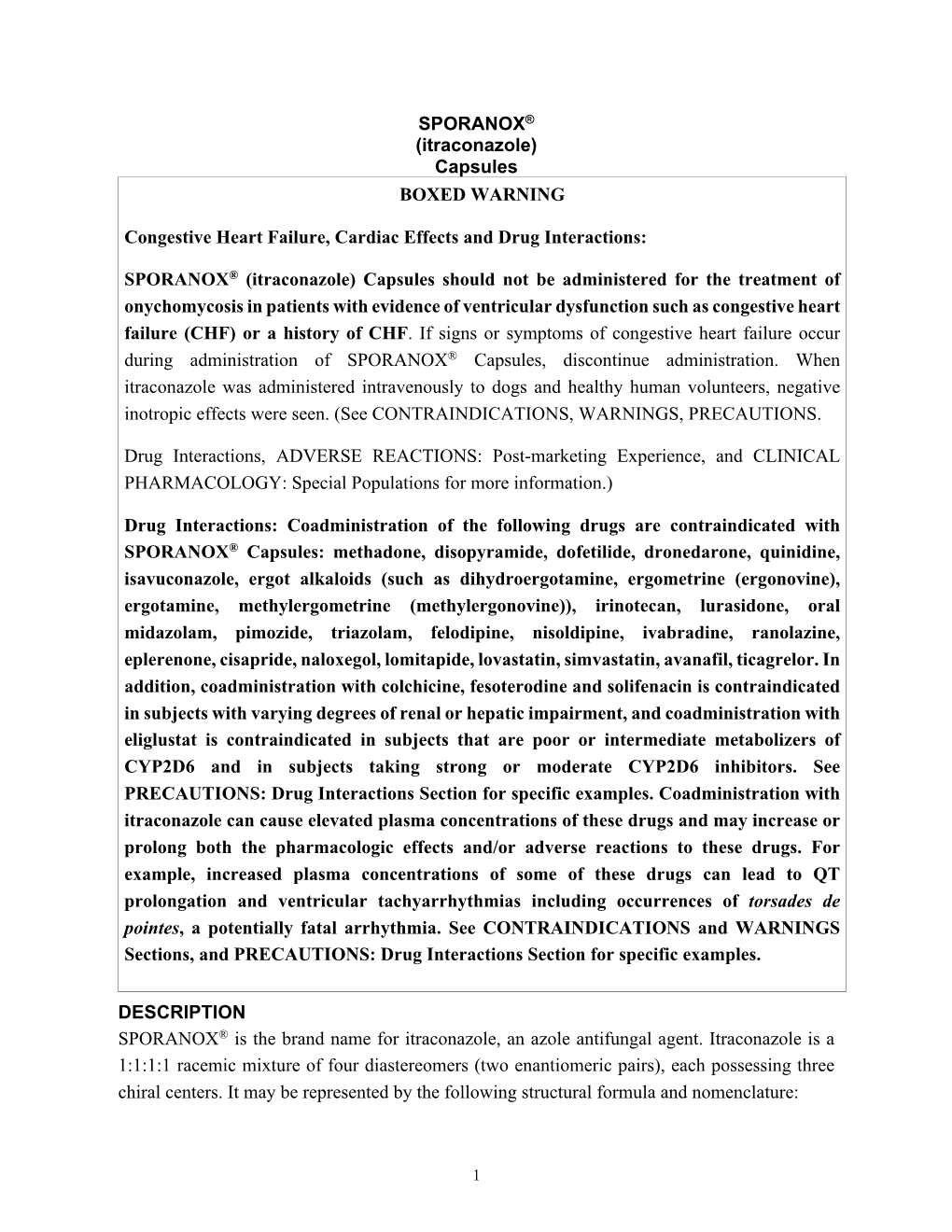 SPORANOX® (Itraconazole) Capsules BOXED WARNING