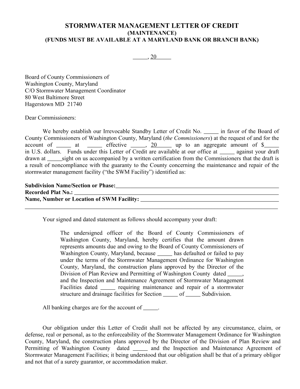 Stormwater Management Letter of Credit