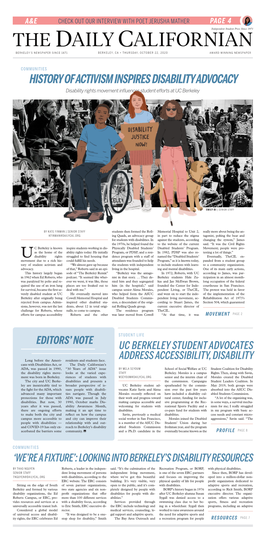 HISTORY of ACTIVISM INSPIRES DISABILITY ADVOCACY Disability Rights Movement Influences Student Efforts at UC Berkeley