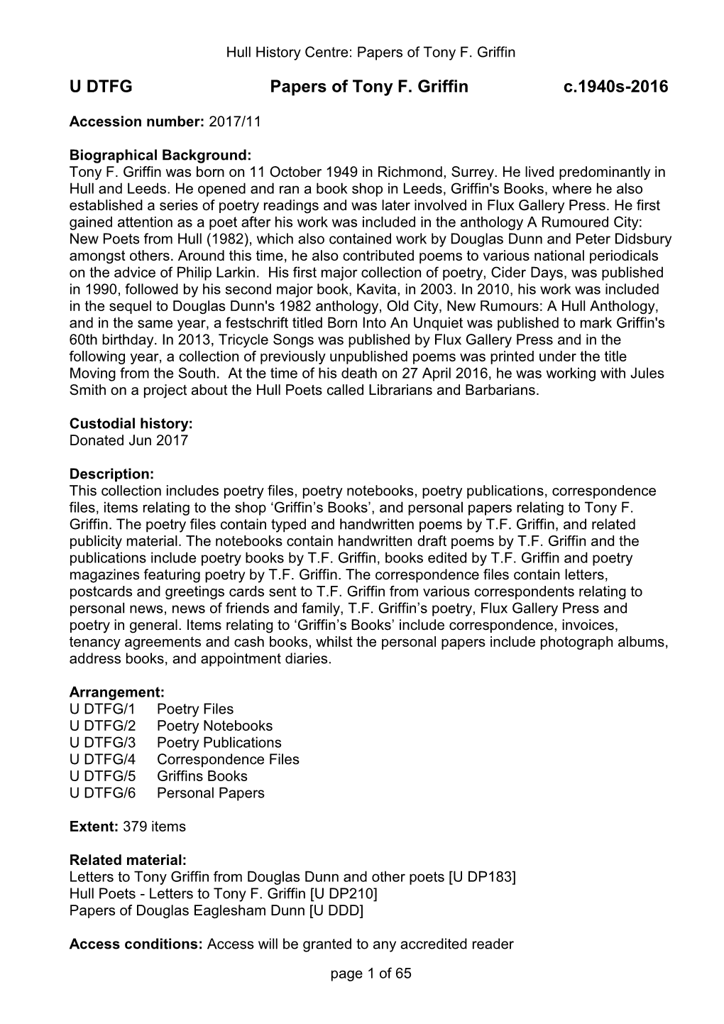 U DTFG Papers of Tony F. Griffin C.1940S-2016