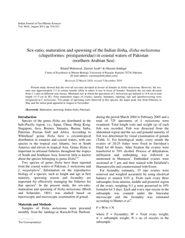 Sex-Ratio, Maturation and Spawning of the Indian Ilisha, Ilisha Melastoma (Clupeiformes: Pristigasteridae) in Coastal Waters of Pakistan (Northern Arabian Sea)