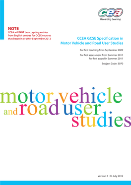 CCEA GCSE Specification in Motor Vehicle and Road User Studies