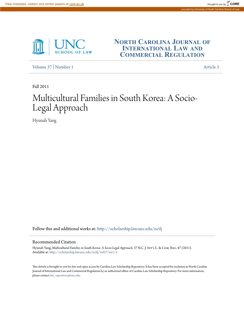 Multicultural Families in South Korea: a Socio-Legal Approach, 37 N.C