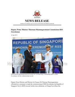 Deputy Prime Minister Tharman Shanmugaratnam Commissions RSS Swordsman