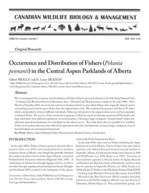 Occurrence and Distribution of Fishers (Pekania Pennanti) in the Central Aspen Parklands of Alberta Gilbert PROULX1 and H