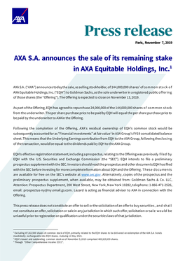 AXA SA Announces the Sale of Its Remaining Stake in AXA Equitable